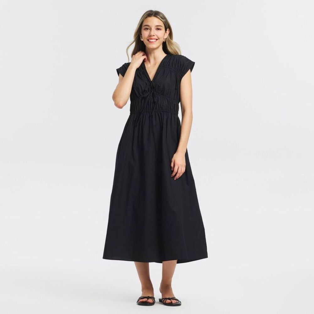 Women's Ruched Midi A-Line Dress - A New Day Black L